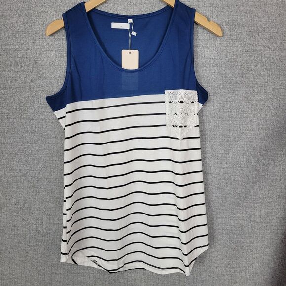 Chvity Shirt Womens Extra Large XL Sleeveless Tanktop Striped Lace Pocket - Picture 1 of 5